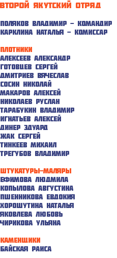 Второй Якутский отряд Поляков Владимир - командир Карклина Наталья - комиссар Плотники Алексеев Александр Готовцев Сергей Дмитриев Вячеслав Сосин Николай Макаров Алексей Николаев Руслан Тарабукин Владимир Игнатьев Алексей Динер Эдуард Жак Сергей Тинкеев Михаил Трегубов Владимир Штукатуры-маляры Ефимова Людмила Копылова Августина Пшенникова Евдокия Хорошутина Наталья Яковлева Любовь Чирикова Ульяна Каменщики Байская Раиса