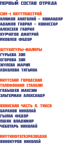 Первый состав отряда СМУ-1 Якуттяжстрой Климов Анатолий - командир Адамов Гаврил - комиссар Алексеев Гаврил Курчатов Дмитрий Яковлев Федор Штукатуры-маляры Гурьева Зоя Егорова Зоя Жулева Мария Хохолова Татьяна Якутская городская телефонная станция Габышев Максим Эльтерман Александр Воинская часть п. Тикси Баранов Николай Гылка Федор Пшик Владимир чеботарь Николай Якутнефтегазразведка Винокуров Николай 