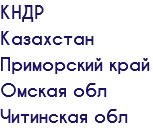 КНДР Казахстан Приморский край Омская обл Читинская обл