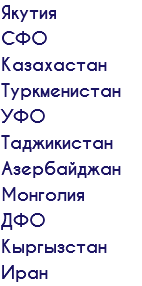 Якутия СФО Казахастан Туркменистан УФО Таджикистан Азербайджан Монголия ДФО Кыргызстан Иран